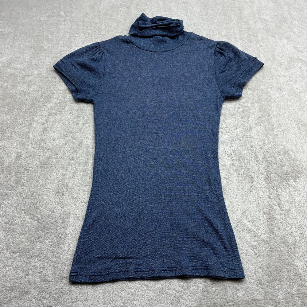 Michael Stars Turtleneck Top Women's OS Blue Puff Sleeve Marled Knit Preppy Chic